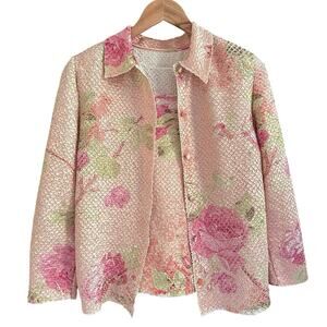 Vintage Flair Floral Crinkle Knit Cardigan Set M Yellow Pink Textured Stretchy